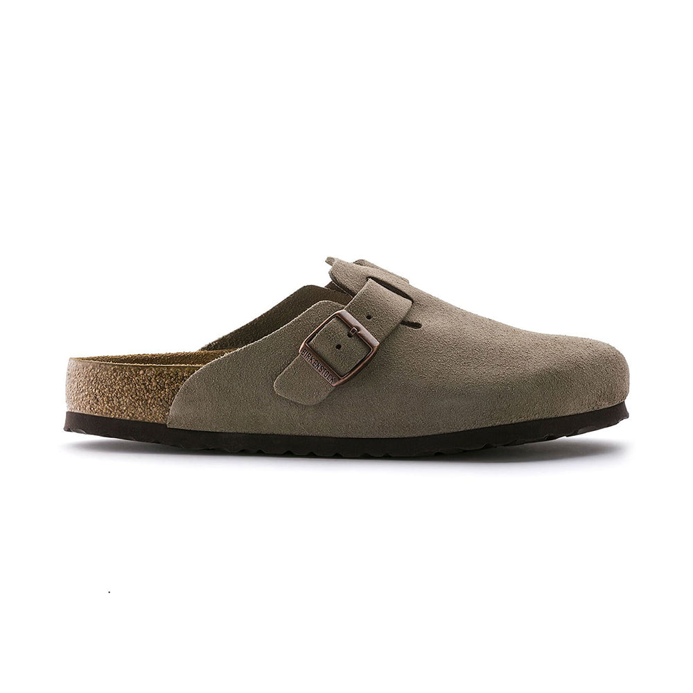 Birkenstock Womens L Boston Soft Nar Suede Slip-Ons in Khaki Color