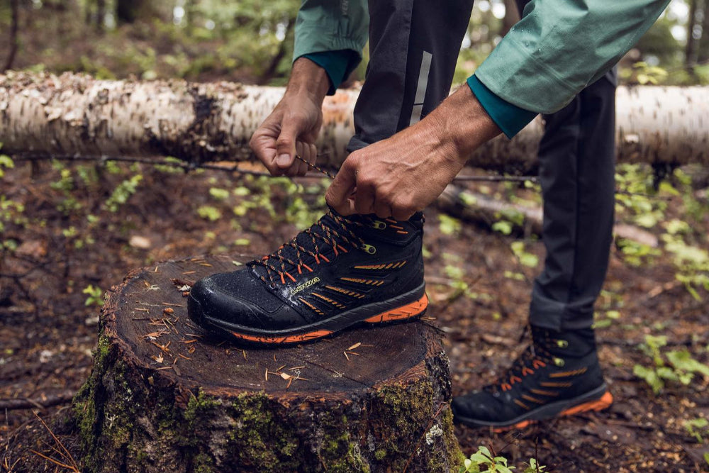 Person tying hiking boots on a tree stump in a forest Photo by Lowa