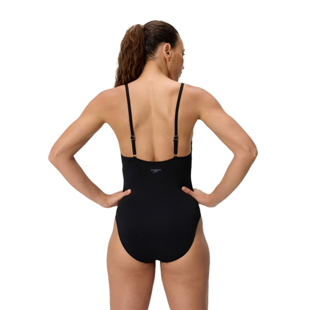 Speedo Womens Solid V Neck one piece Swimsuits in Black Color