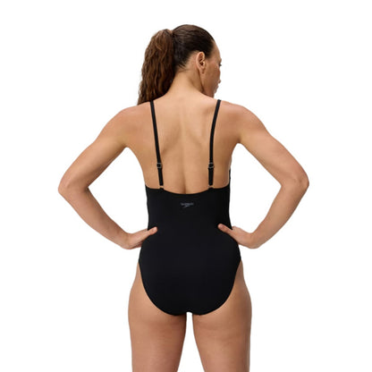Speedo Womens Solid V Neck one piece Swimsuits in Black Color