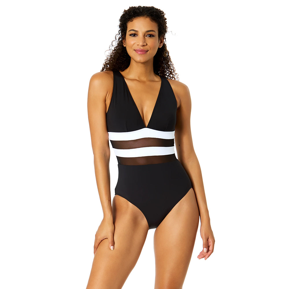 Anne Cole Collection Womens Plunge Front Colorblock Swimsuits in Blue Color