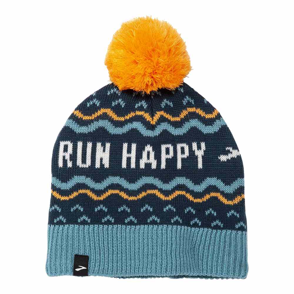 Brooks Unisex Heritage Pom Beanie Winter Hats in Blue Color