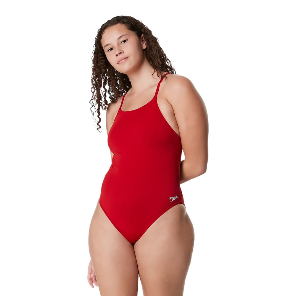 Speedo Womens End Solid Strappy Back Swimsuits in Red Color