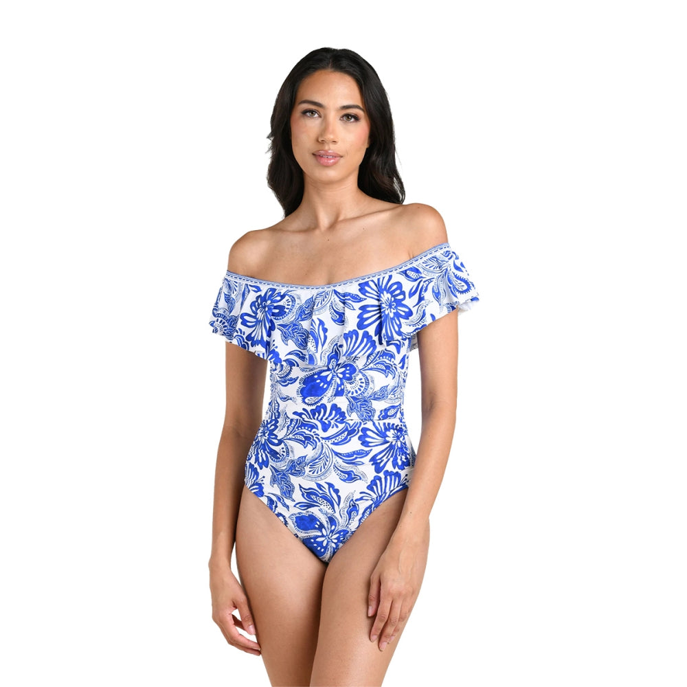 La Blanca Womens Off The Sholder Ruffle Swimsuits in Blue Color