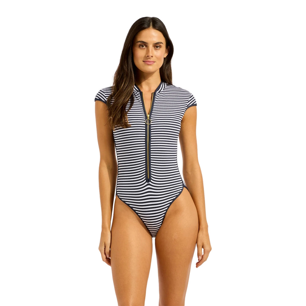 Seafolly Womens Cap Sleeve Zip Front One Swimsuits in Blue Color