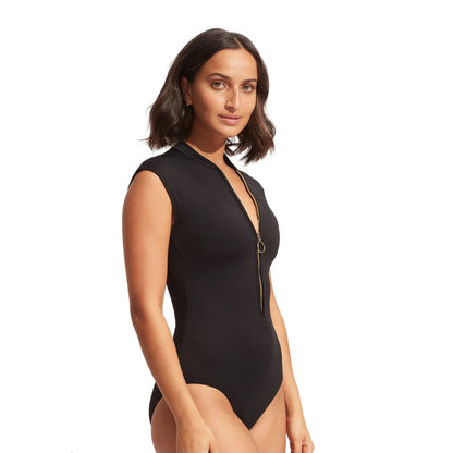 Seafolly Womens Zip Front one piece S/S Swimsuits in Black Color