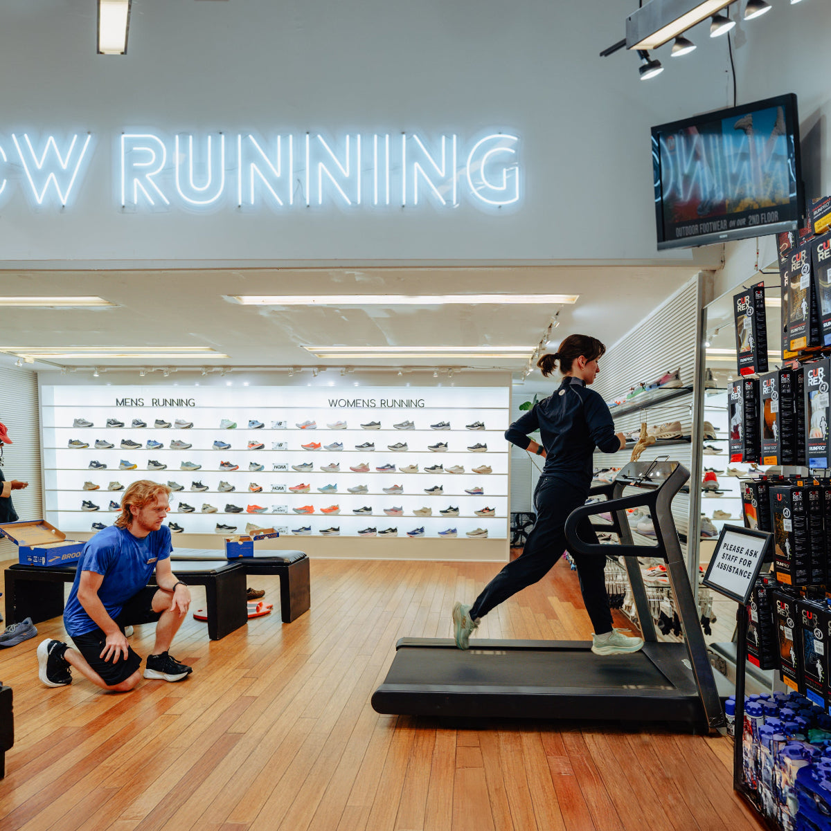 Paragon Sports with a person on a treadmill and We Know Running